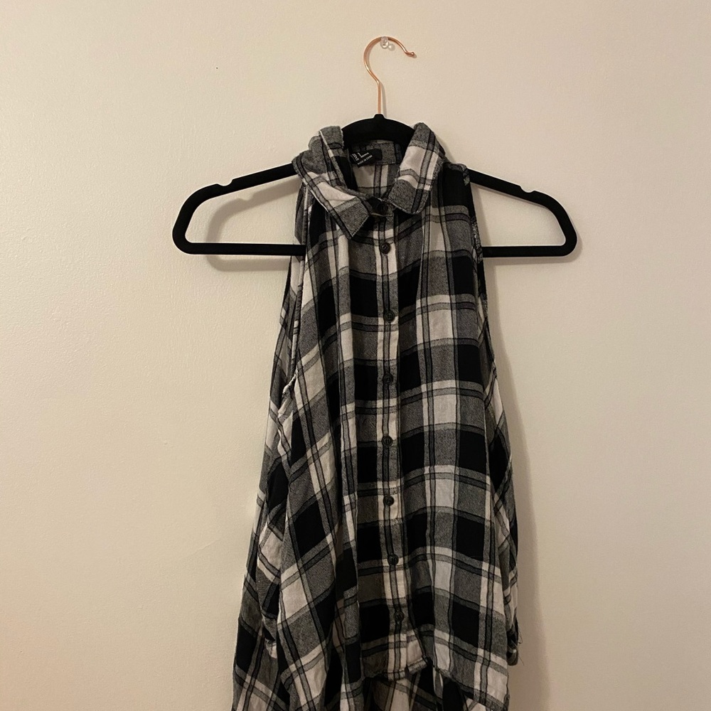 Button down plaid top with cut out shoulders